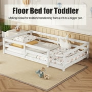 Bellemave Twin Montessori Bed with Rails, Wood Twin Size Floor Bed Frame with Fence, Low to Ground Bed Frame with Safety Guardrails - White