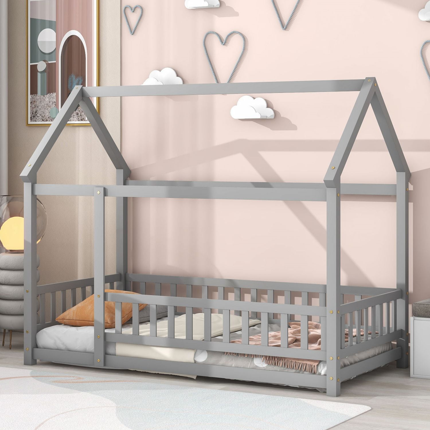 Gray Pine Twin House Floor Bed with Fence and Roof
