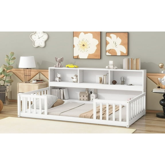 Twin Floor Bed with  Bedside Bookcase,Shelves,Guardrails,White