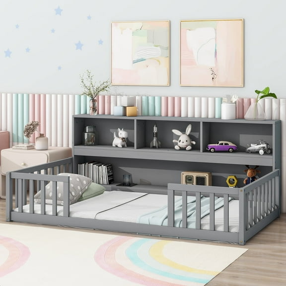 Twin Floor Bed with Bookcase and Shelves, Wood Montessori Floor Bed Frame with Guardrails for Boys, Girls, Grey
