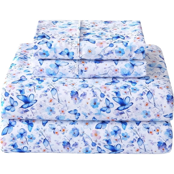 Twin Floral Sheets,Microfiber Blue Flower Printed Fitted Sheets with Non-Slip Corner Straps and 15" Deep Pocket, Butterfly Patterned Cozy Bed Sheets