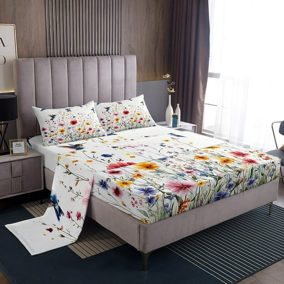 Twin Flower Bed Sheets Set,Wildlife Sheet Set,Hunmming Bird Sheets,Cottage Floral Flat Fitted Sheet with 1 Pillowcase Deep Pockets