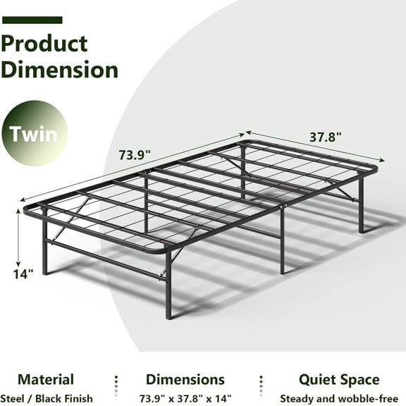 Twin Foldable Bed Frame, 14 Inch Metal Platform, No Box Spring Needed, Tool- Assembly, Portable Folding Twin Bed Frames for Apartment, Guest Room, or Dorms