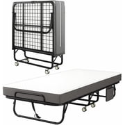Twin Folding Bed with Mattress, 75 x 38 Portable Rollaway Bed for Adults, Metal Frame Foldable Guest Bed with Memory Foam Mattress, Daybed or Extra Sleeping Space with Side Storage Pocket