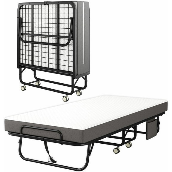 Twin Folding Bed with Mattress, 75" x 38" Portable Rollaway Bed for Adults, Metal Frame Foldable Guest Bed with Memory Foam Mattress, Foldawaybed with Side Storage Pocket