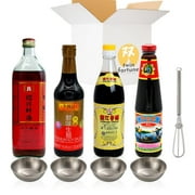 Twin Fortune Chinese Cooking Sauces Essentials - Key Flavors of Authentic Chinese Cuisine, Soy Sauce Black Vinegar Oyster Sauce Shaoxing Cooking Wine,  Stainless Steel Sauce Trays, Whisk