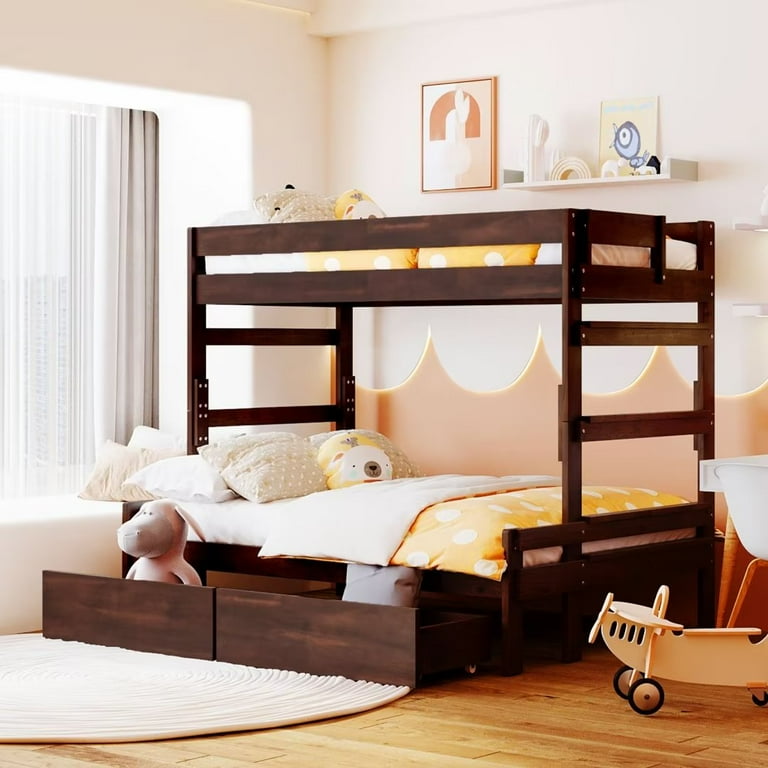 Twin over Full Bunk Bed with 2 Drawers Convertible Wood Bunk Bed with Cross Bar Staircase and Safety Guardrail Bedroom Furniture Can Be Divided Into Two Individual Beds Espresso Walmart