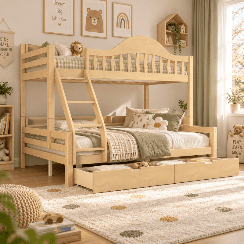 Twin Over Full Bunk Bed with 2 Storage Drawers, Solid Wood Kids Bunk Bed with Curved Guardrails, Side Storage Shelves and Ladder, No Box Spring Needed