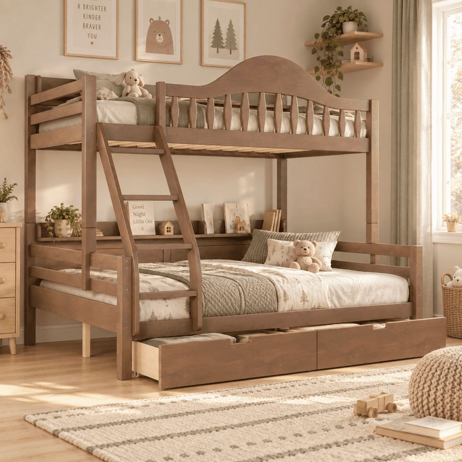 Twin Over Full Bunk Bed with 2 Storage Drawers, Solid Wood Kids Bunk Bed with Curved Guardrails, Side Storage Shelves and Ladder, No Box Spring Needed