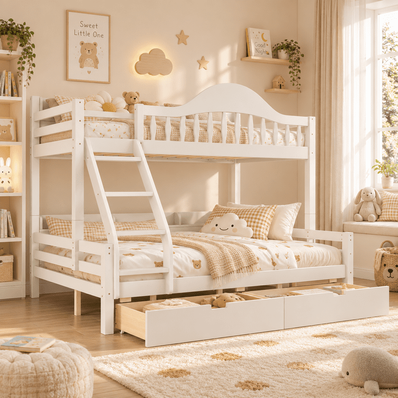 Twin Over Full Bunk Bed with 2 Storage Drawers, Solid Wood Kids Bunk Bed with Curved Guardrails, Side Storage Shelves and Ladder, No Box Spring Needed