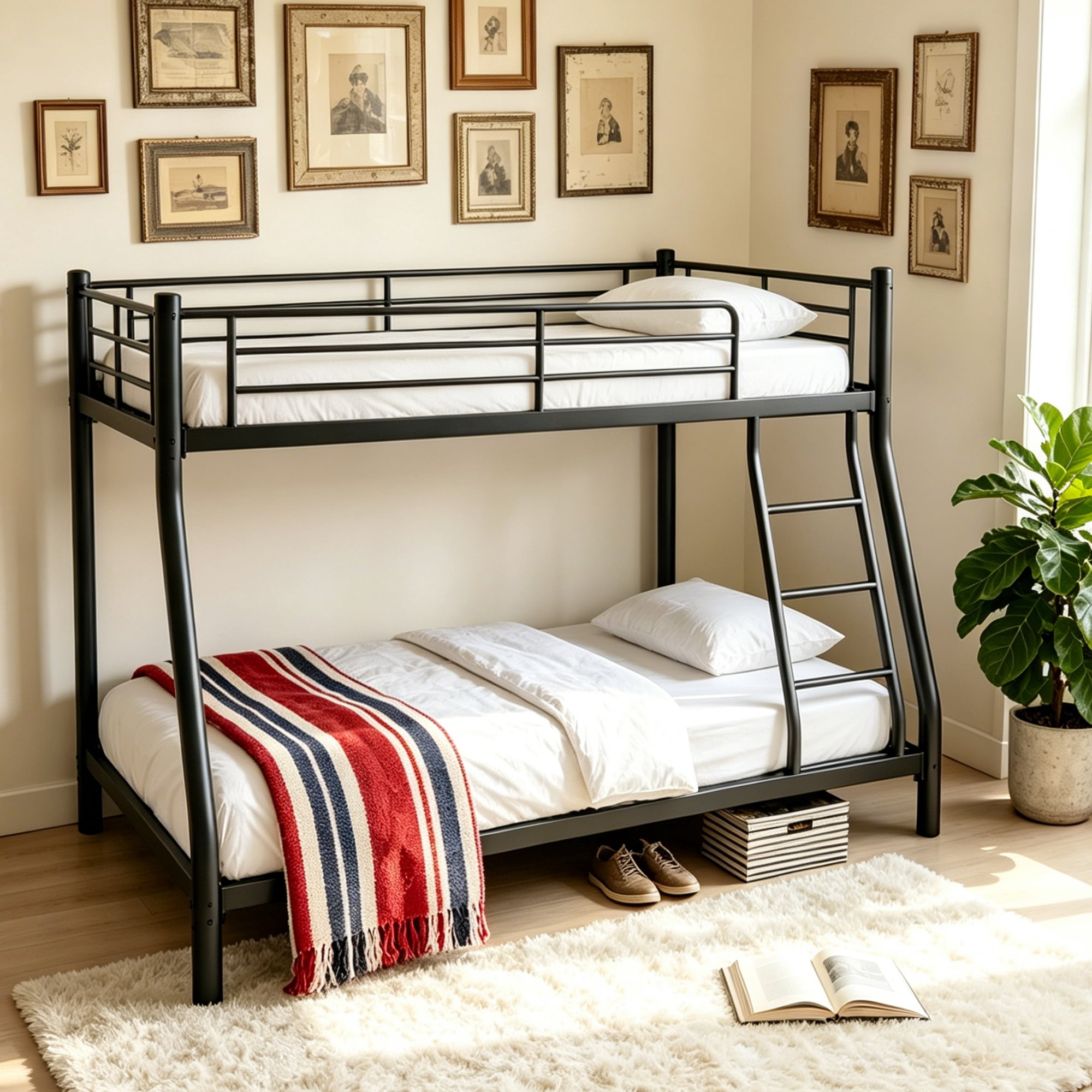 Twin over Full Bunk Bed for All Ages, Heavy Duty 500 lbs Capacity Metal Frame, Low Profile with Guardrail and Ladder, No Box Spring, Easy Assembly for Guest Room Rental, Black