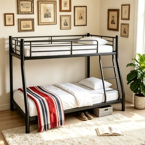 Twin over Full Bunk Bed for All Ages, Heavy Duty 500 lbs Capacity Metal Frame, Low Profile with Guardrail and Ladder, No Box Spring, Easy Assembly for Guest Room Rental, Black
