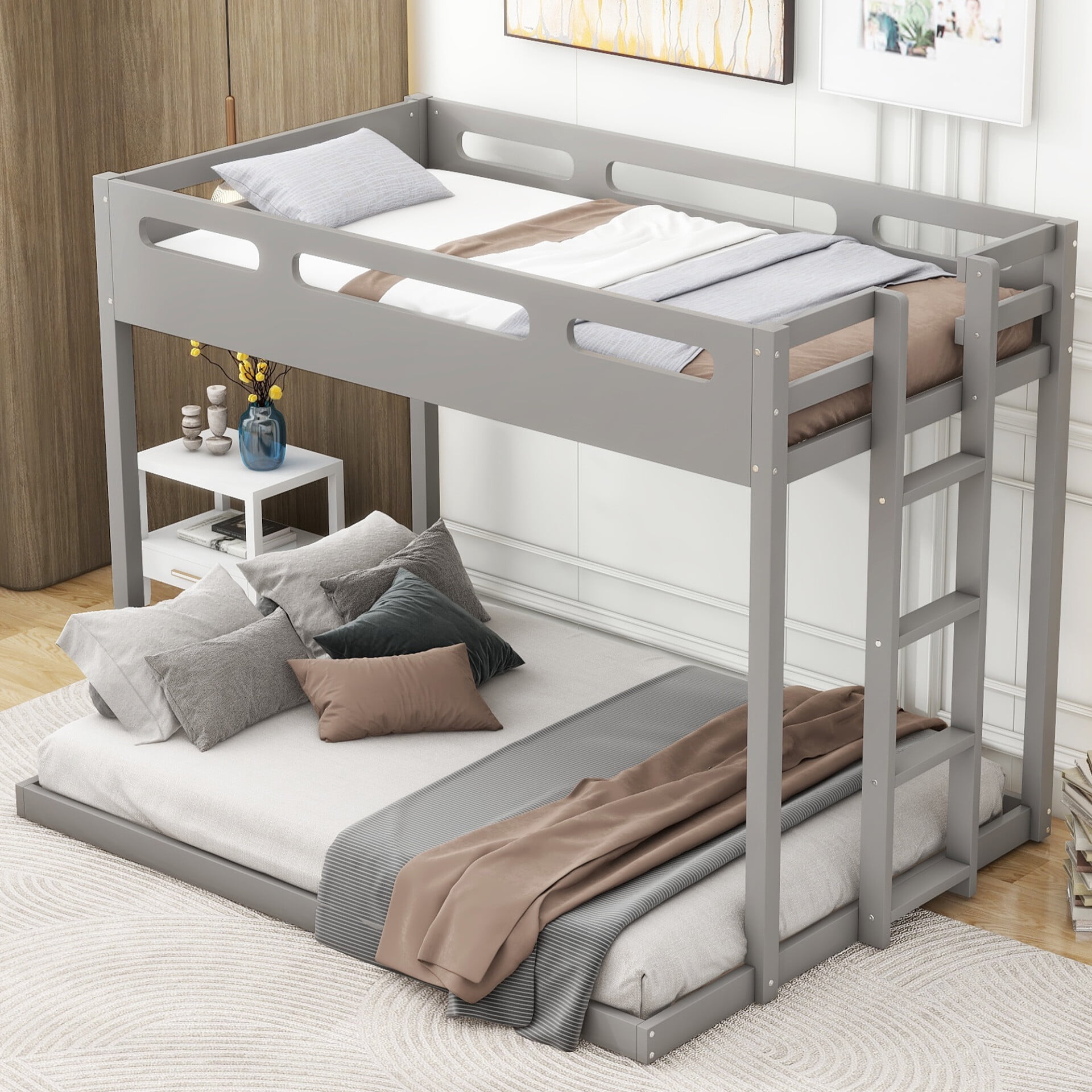 Twin over Full Bunk Bed with Built-in Ladder, Floor Bunk Bed for Kids