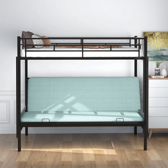 Twin over Full Bunk Bed with Convertible Futon, Space Saving Metal Bunk Bed, Multi-Functional Bunk Bed with Ladder, Black Modern Bunk Bed for Dorm, Apartment
