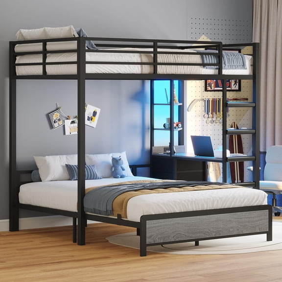 Twin Over Full Bunk Bed with Desk & Charging Station & LED Lights,Bunk Beds Twin Over Full Size Loft Bed with 4 Storage Drawers & Shelves, with Safety Guardrail & Ladder,Gray