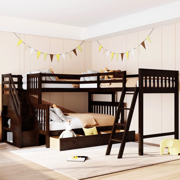 Twin Over Full Bunk Bed With Drawer Space. And Staircase Access. Solid Wood Structure For Durability. Safe Family Living. 6+ Years Recommended. Assembly Required Storage Compartments. Feature.