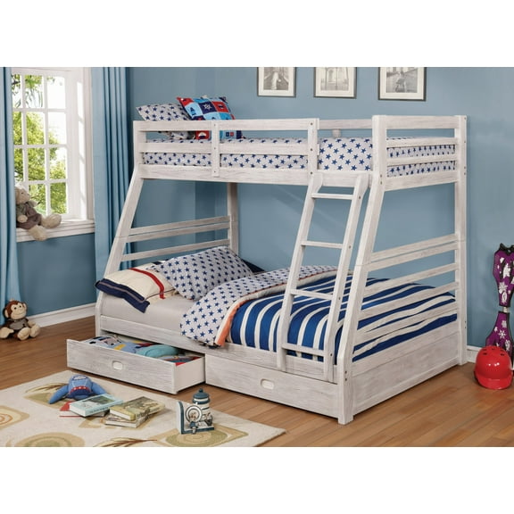 Twin Over Full Bunk Bed with Drawers & Attached Ladder | Solid Wood Transitional Style | Wire-Brushed White | Bedroom Furniture | 78" W x 56.5" D x 65" H