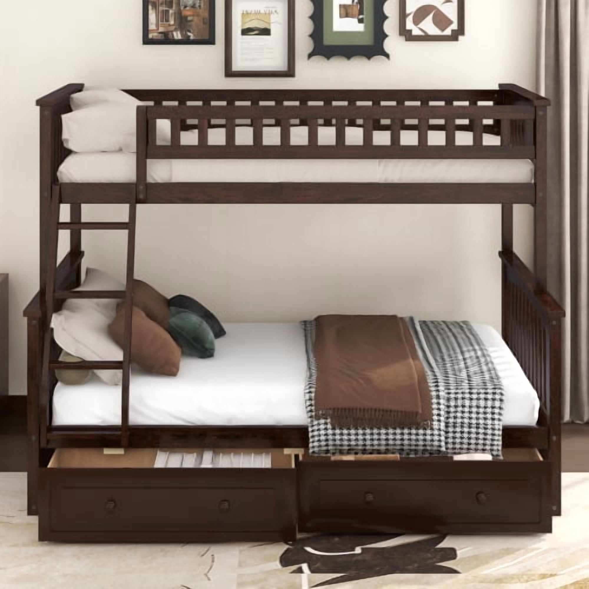 Twin over Full Bunk Bed with Drawers, Convertible into 2 Separate Beds ...