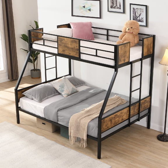 Twin Over Full Bunk Bed Frame with 2 - Side Ladder and Full-Length Guardrail, Large Under Bed Storage Bunk Bed for Bedroom, Apartment, Dorm, Easy Assemble, Mattress Not Included, Black