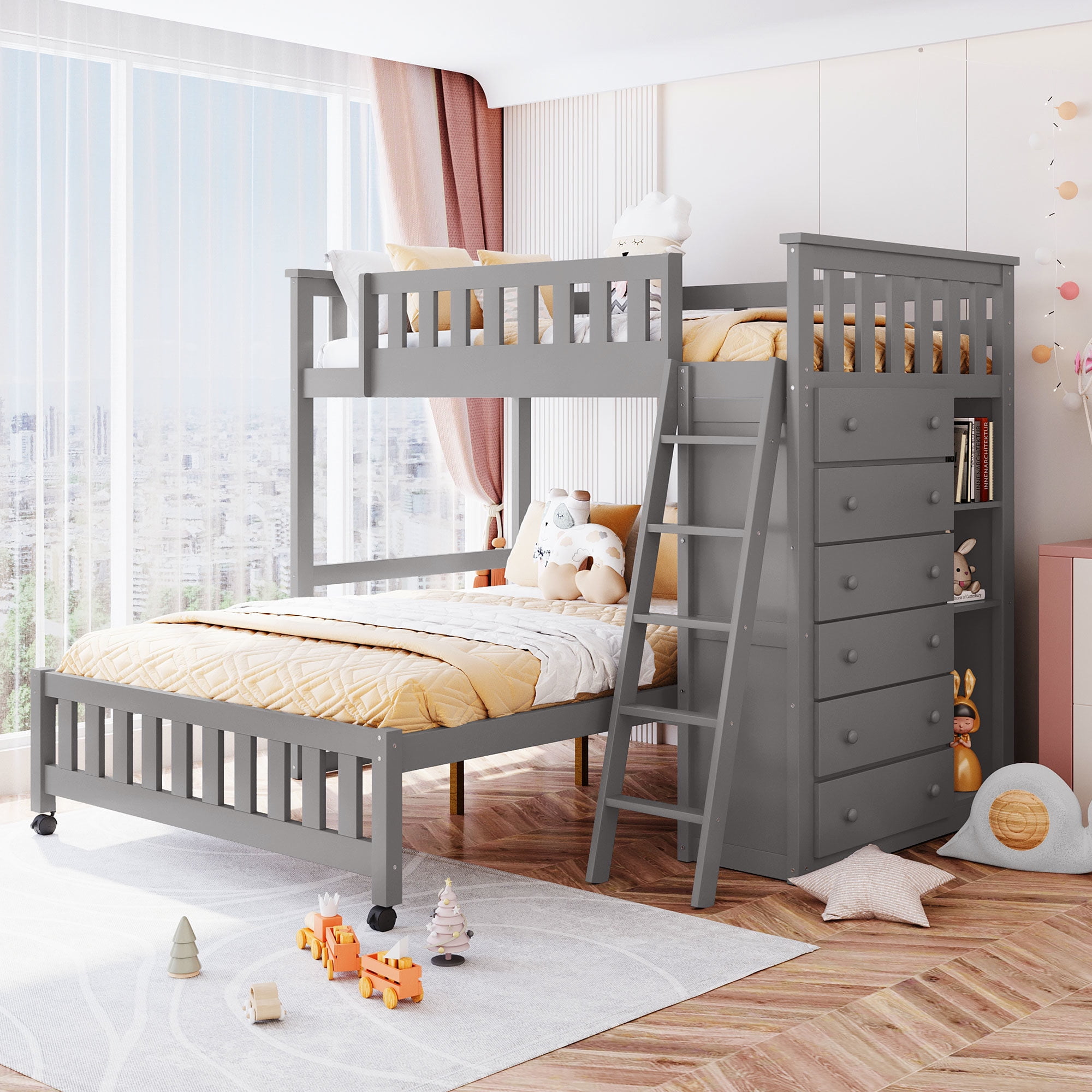 Twin over Full Bunk Bed Frame with 6 Storage Drawers and Adjustable Shelves Wood Rolling Platform Bed and Loft Bed with Guardrail for Kids Teens