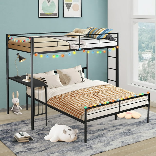 Twin-Full Bunk Bed with Office Space, Convertible Metal Frame Bed with ...