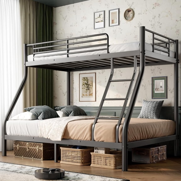 Twin Over Full Bunk Bed, Heavy Duty Metal Bunk Bed Frame with Guardrail & Underbed Space, No Box Spring Needed, Sturdy Bunk Beds for Juniors Teens Adults, Dorm Bedroom Guest Room Furniture