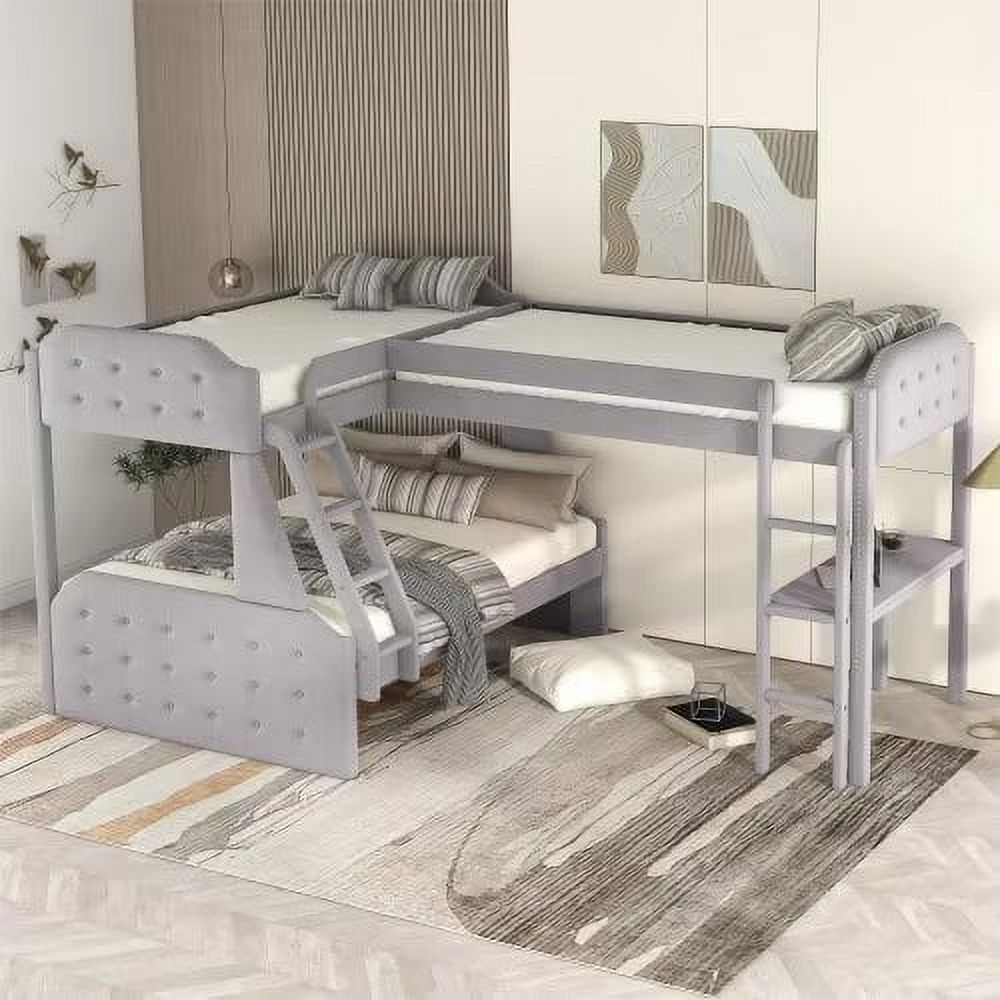 Twin over Full Bunk Bed,LShaped Triple Bunk Bed Frame with Builtin