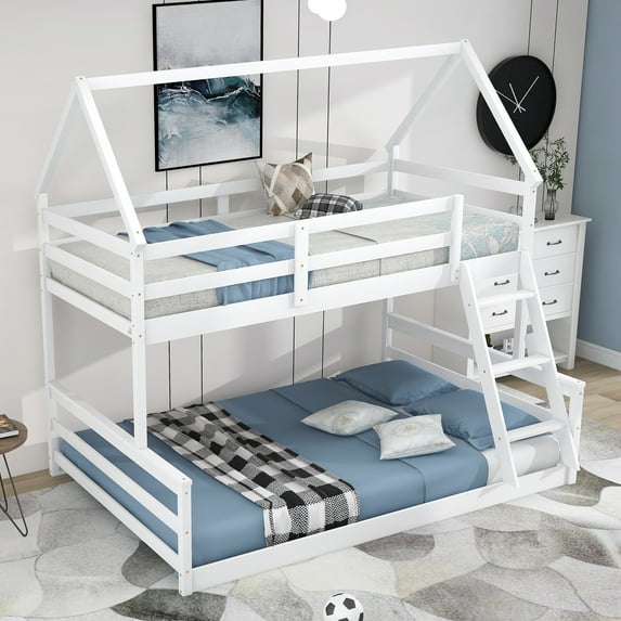 Twin over Full Bunk Bed with Ladder,House Bunk Bed for Kids Bedroom, Solid Pinewood Low Bunk Bed with Safety Guardrails & Roof Design, No Box Spring Needed, White