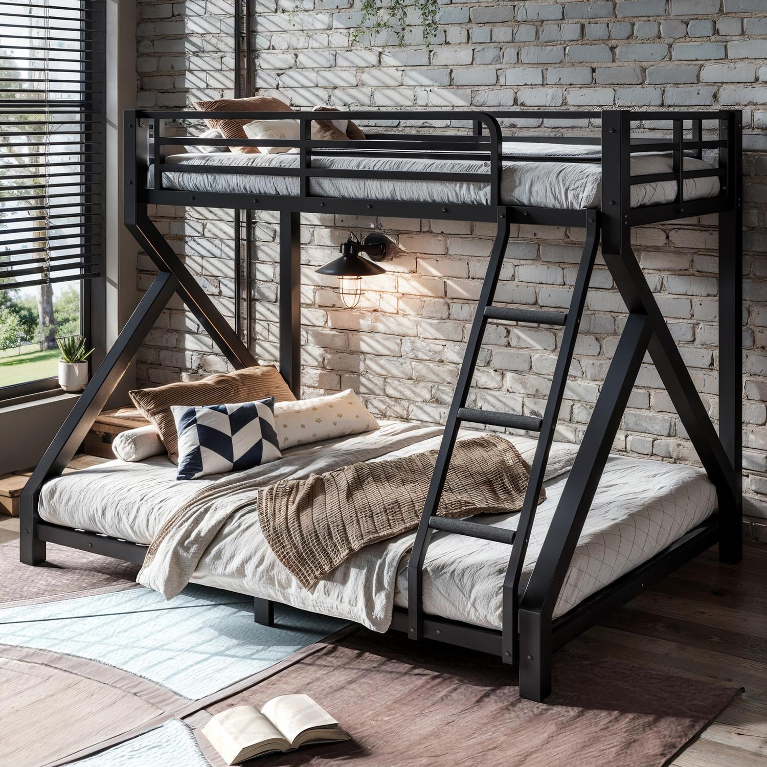 Twin over Full Bunk Bed with Ladder, Metal Bunk Bed with Full Upgraded Support Slats for Bedroom, Low Profile Space Saving for All Ages No Box Spring Needed, Black