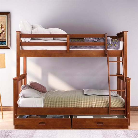 Twin Over Full Bunk Bed with Ladder, Two Storage Drawers and Safety Guardrails, Solid Wood Bunk Beds Wooden Bed Frame for Kids, Teens, Adults, Can be Separate into 2 Single Beds, Walnut