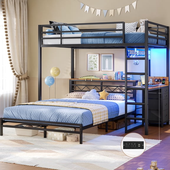 Twin Over Full Bunk Bed with Led Lights and 4 Drawers,L-shaped Bunk Bed with Desk,Metal Bunk Beds with Storage Headboard and Charging Station,Loft Bed with Safety Guardrail and Ladder,Black