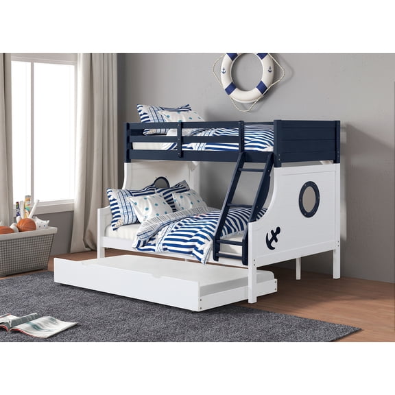 Twin Over Full Bunk Bed Modern Novelty Style Attached Ladder Upper Bed Rails And Lock Joint Structure For Safety Slat Kit Blue / White Finish Trundle Included