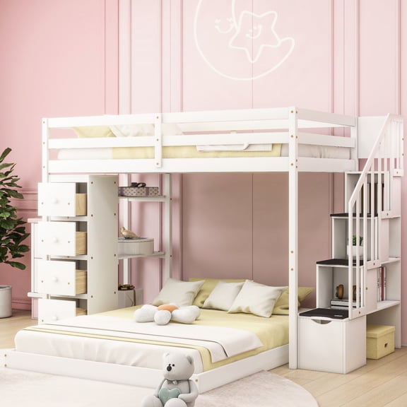 Twin Over Full Bunk Bed With Practical Storage In White - 3-layer Shelves, Drawers, And Versatile Stairs Drawers & Shelves Space Solution For Families