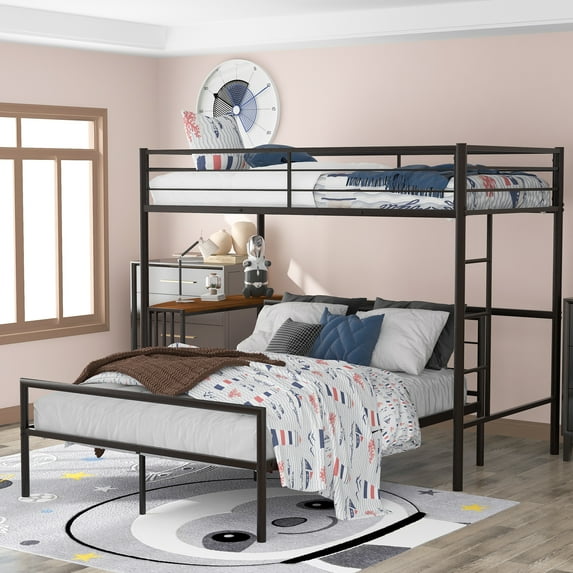 Twin over Full Bunk Bed, SYNGAR Space Saving Bunk Bed with Side Desk, Ladder & Guardrail, Twin Loft Bed and Full Platform Bed Set, Heavy Duty Metal Bunk Bed Frame, No Box Spring Needed, Black, D3458