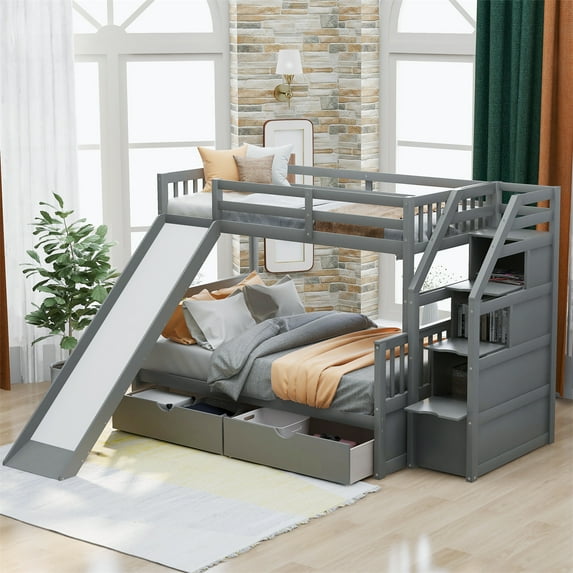 Twin Over Full Bunk Bed with Slides, Wood Bunk Bed with Stairway and Storage, Low Bunk Bed with Drawers and Safety Fence, No Box Spring Needed, For Kids and Teenagers, Gray