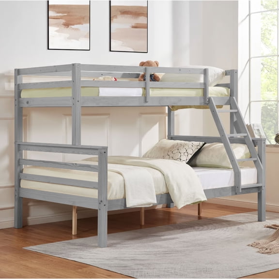 Twin Over Full Bunk Bed, Solid Wood Bunk Bed Frame with High Guardrails, Ladder, Heavy Duty Wood Slat Support, No Box Spring Needed for Kids, Teens, Guest Room, Grey