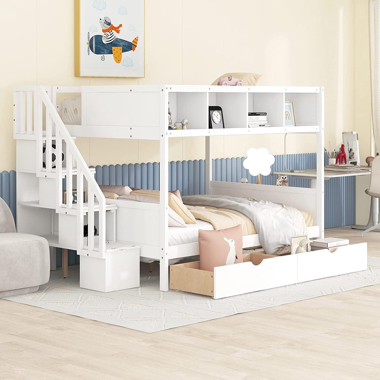 Twin Over Full Bunk Bed with Stairs and Built-in Storage Cabinets, Wood