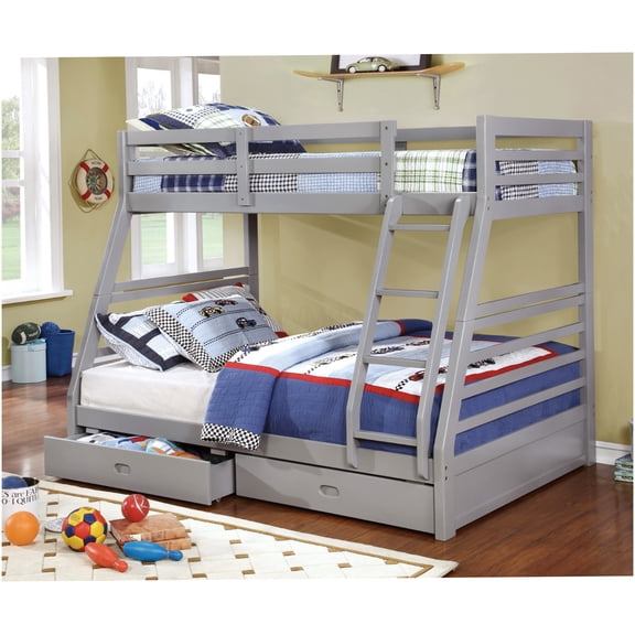 Twin Over Full Bunk Bed with Storage Drawers, Solid Wood Loft Bed Frame with Attached Ladder, Space Saving Bunkbed for Small Rooms, Modern Gray Finish