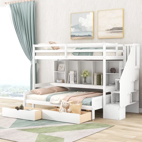 Twin over Full Bunk Bed with Storage Shelves and 2 Drawers, Wood Storage Bed Frame with Storage Staircase and Full-length Guardrails, Space Saving Bunk Beds for Kids Teens Bedroom, White