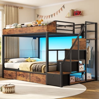 Twin over Full Bunk Bed with Storage Stairs, Shelves, and Charging Station Full-length Guardrail,Teens Bunk Beds with LED Lights,Drawers,Cubbies, Space-saving for Bedroom,Apartment,Rustic Brown