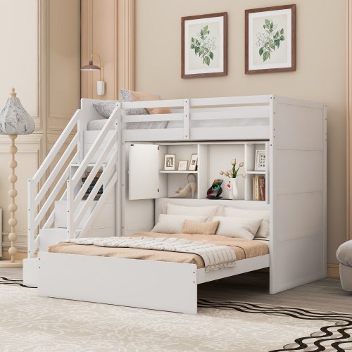Twin over Full Bunk Bed with Storage Stairs, Wardrobe, USB Ports and LED Light, Space Saving Bedroom Furniture with Drawers and Shelves for Shared Room Apartment Guest Room, White