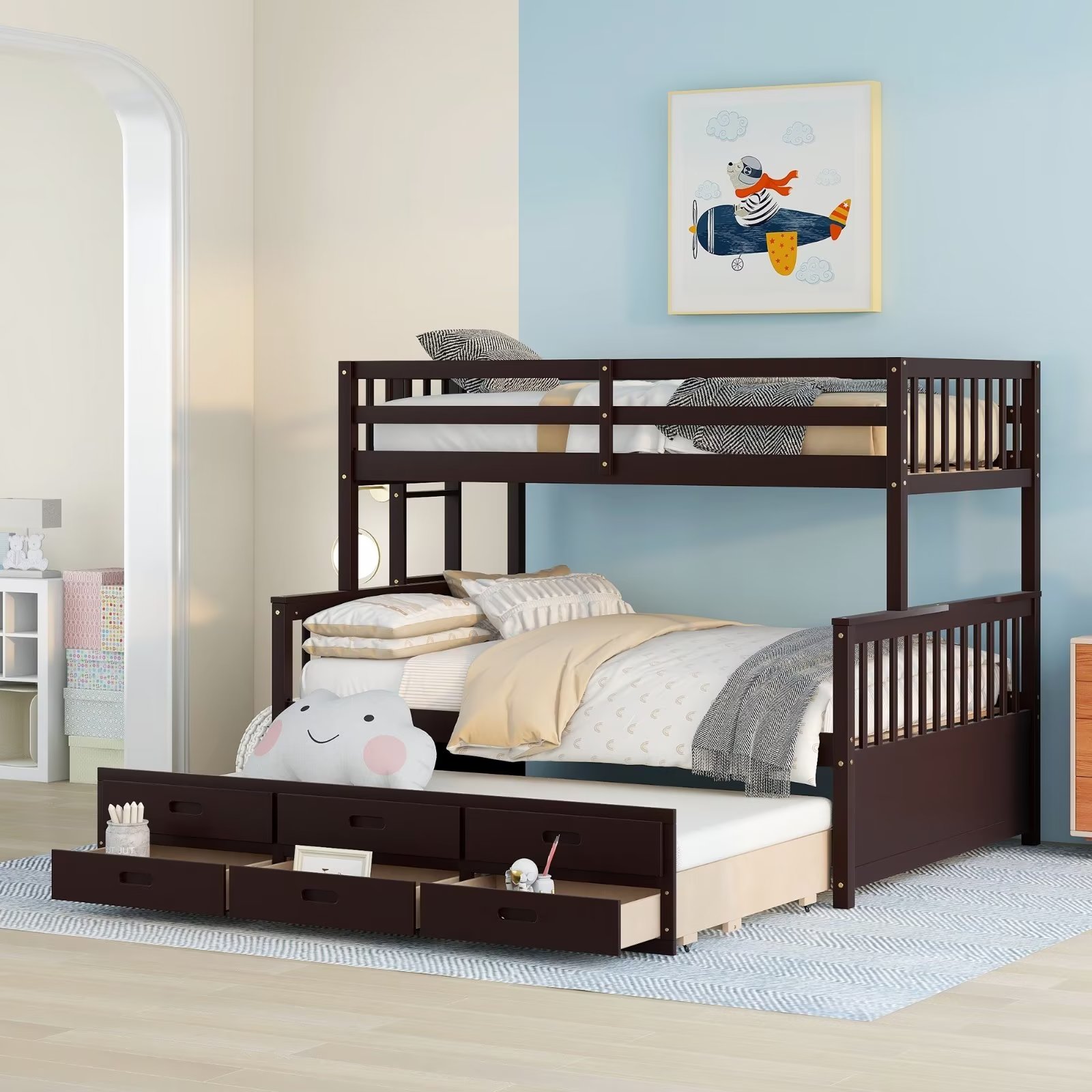 Twin over Full Bunk Bed with Twin Trundle Bed and 3 Storage Drawers ...