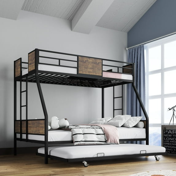Twin Over Full Bunk Bed with Trundle for K i d s, Metal & Wood Bunk Beds, Sturdy Twin Over Full Bunk Bed Frame with Safety Guardrails, 2 Ladders, No Box Spring Needed