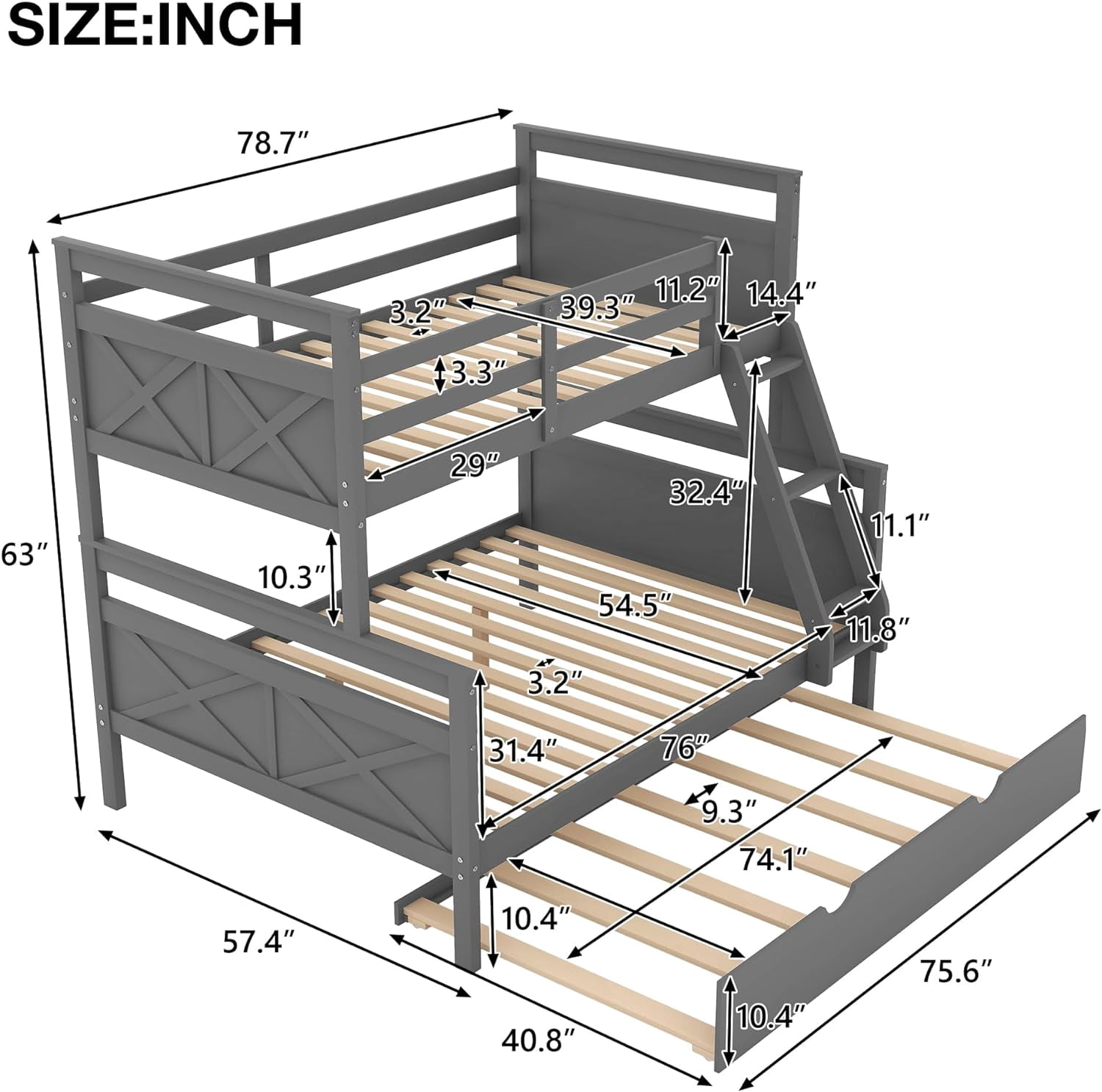 Merax Twin Over Full Bunk Bed With Trundle - Convertible Wooden Bunk Bed Frame With Ladder & Guardrail, Grey