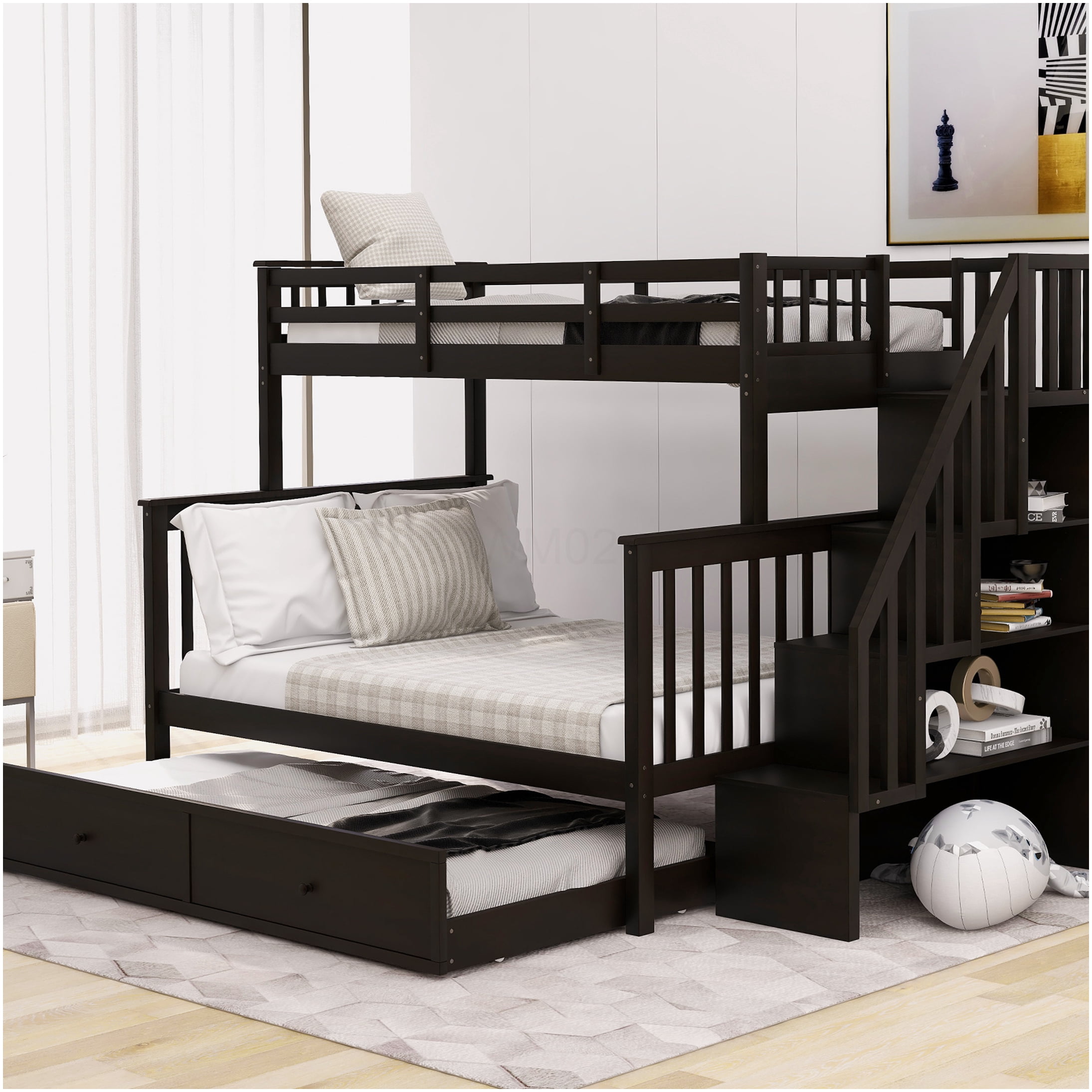 Twin over Full Bunk Bed with Trundle and Stairs, 3-in-1 Storage ...