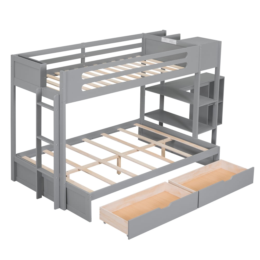 Twin over Full Bunk Beds with Desk for Kids, Wooden 2-in-1 Bed Frames ...