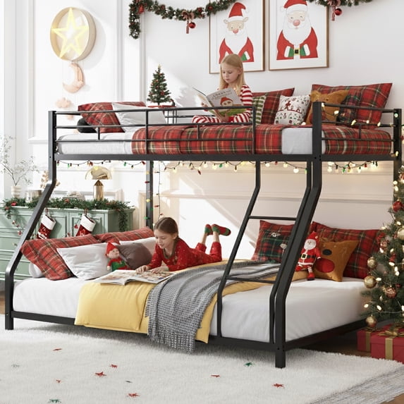 Twin Over Full Bunk Beds for Kids, UHOMEPRO Heavy-Duty Metal Kids Bunk Beds with Full-Length Guardrail, Space-Saving Bunk Beds, No Box Spring Needed, 300lbs Weight Capacity, Black
