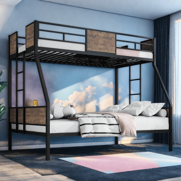 Twin Over Full Bunk Beds, Metal Frame with Safety Guardrail and 2 Ladders, Sturdy Construction with Protective Board Supports, No Box Spring Needed, Brown