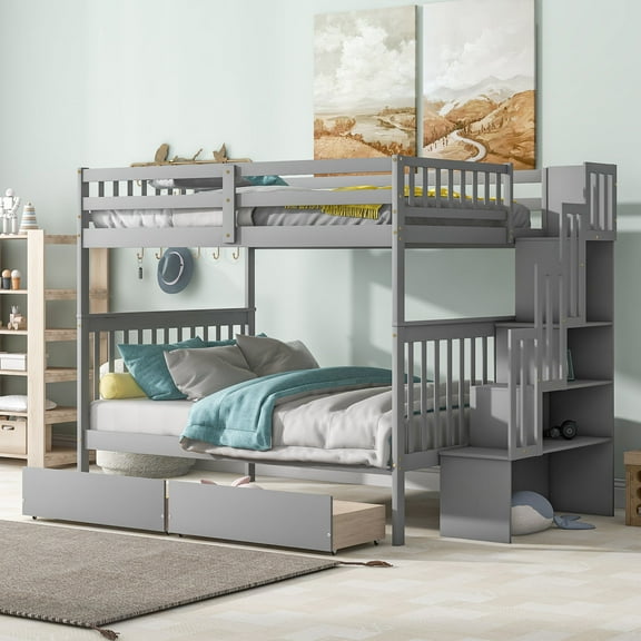 Twin over Full Bunk Beds with Stairs and Storage , Large Storage Twin Over Full Bunk Bed , Detachable Bunk Beds, Solid Wood Bunk Bed Frame with Guardrails/ Storage Shelves /Slatted Support ,Gray