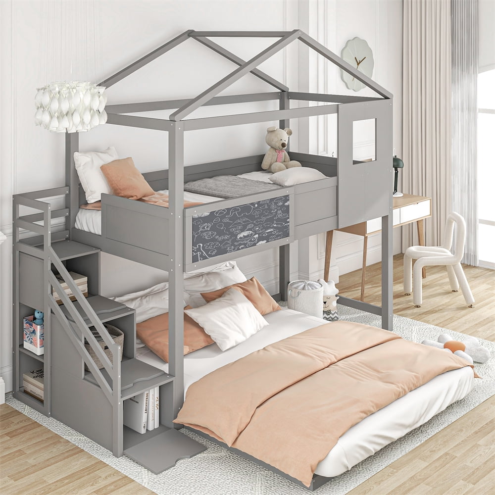 Twin over Full House Bunk Bed with Safe Guardrail, Roof and Window for